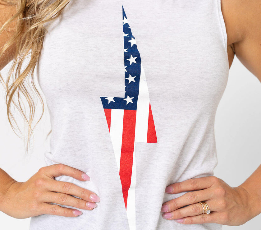 American Flag Vintage Bolt Muscle Tank | Heather White