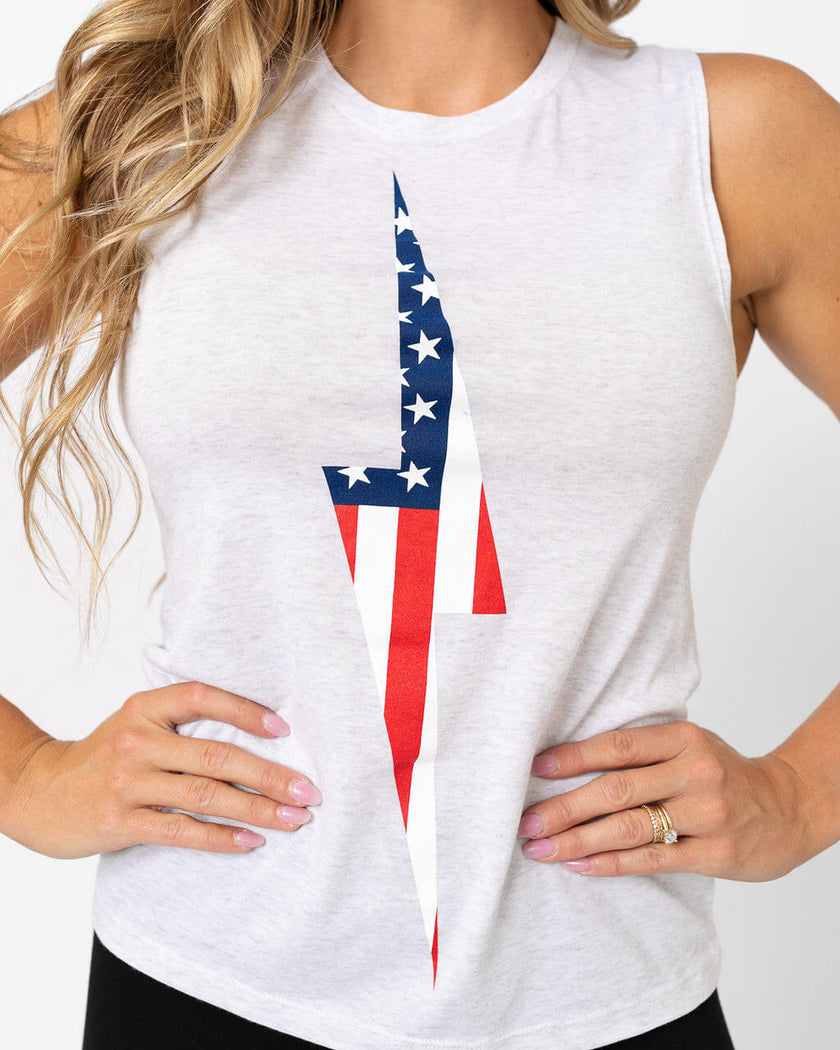 American Flag Vintage Bolt Muscle Tank | Heather White
