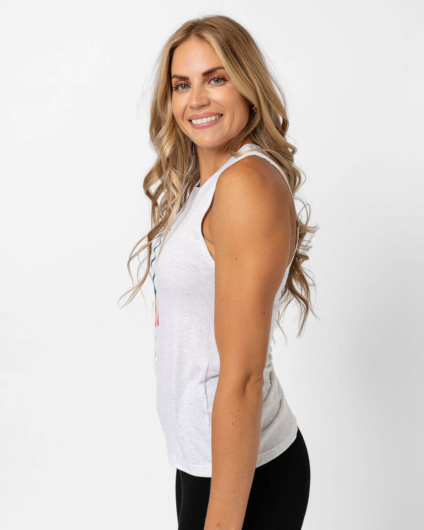 American Flag Vintage Bolt Muscle Tank | Heather White