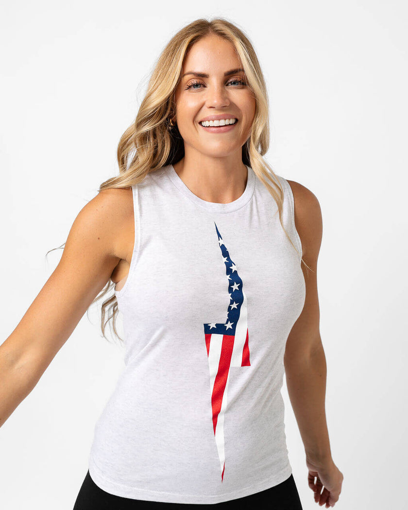 American Flag Vintage Bolt Muscle Tank | Heather White