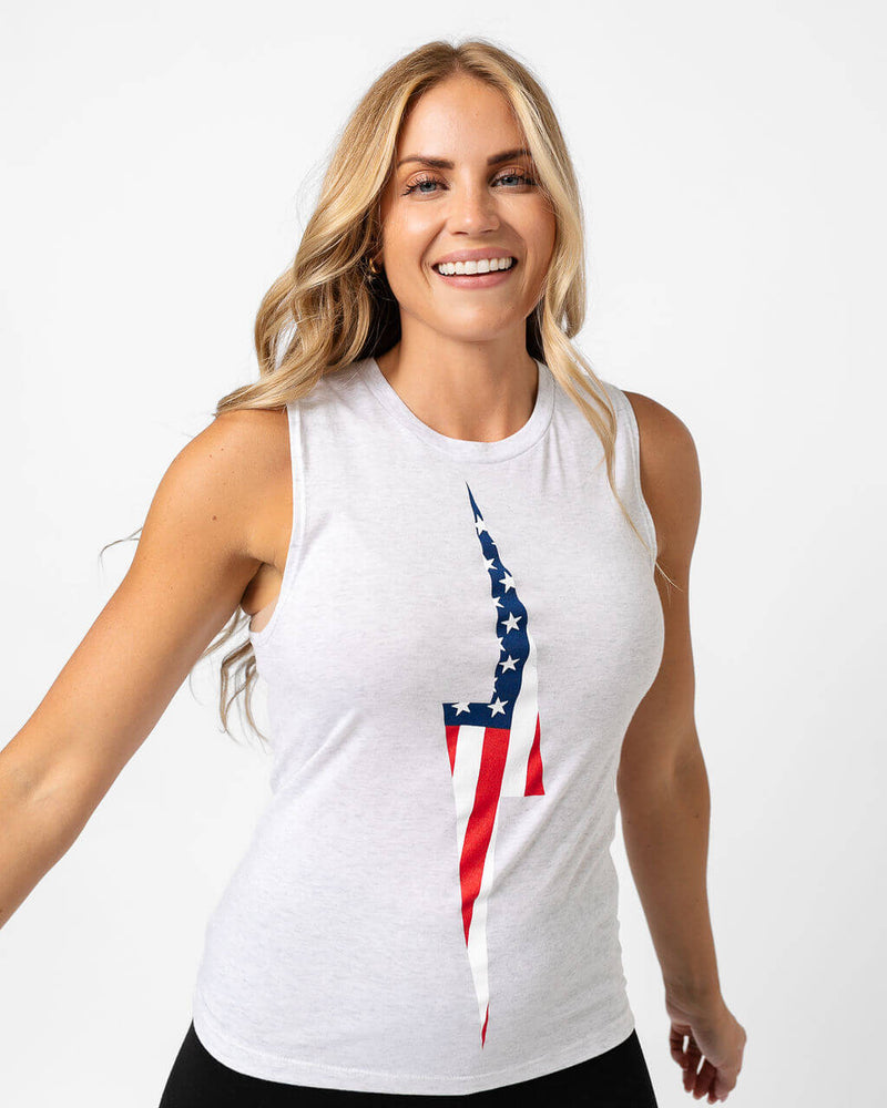 American Flag Bolt Muscle Tank | Heather White