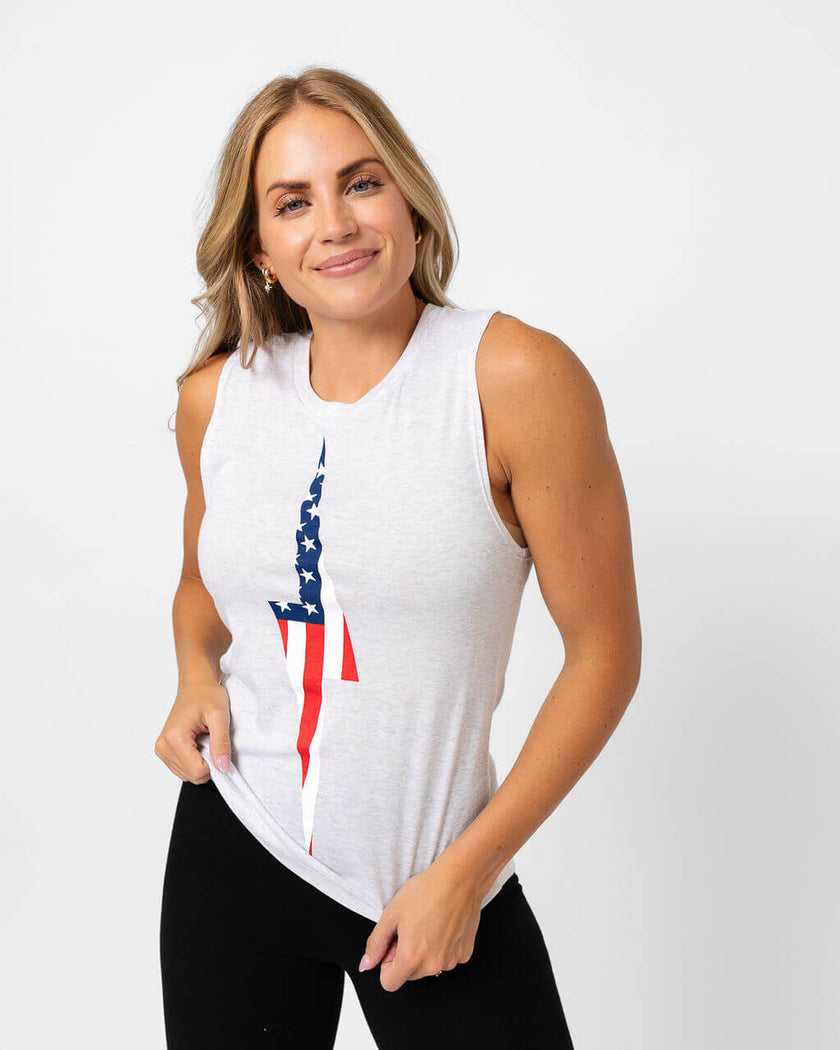 American Flag Vintage Bolt Muscle Tank | Heather White