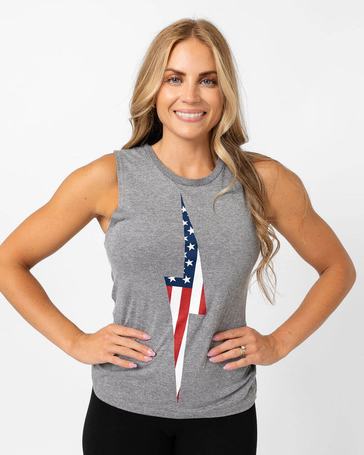 American Flag Vintage Bolt Muscle Tank | Athletic Gray