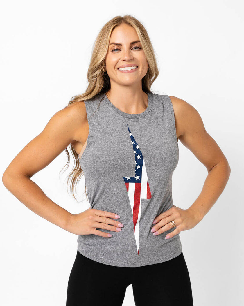American Flag Vintage Bolt Muscle Tank | Athletic Gray