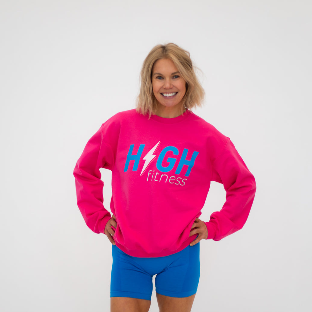 HIGH Crewneck Sweatshirt | Electric Pink with Blue Logo