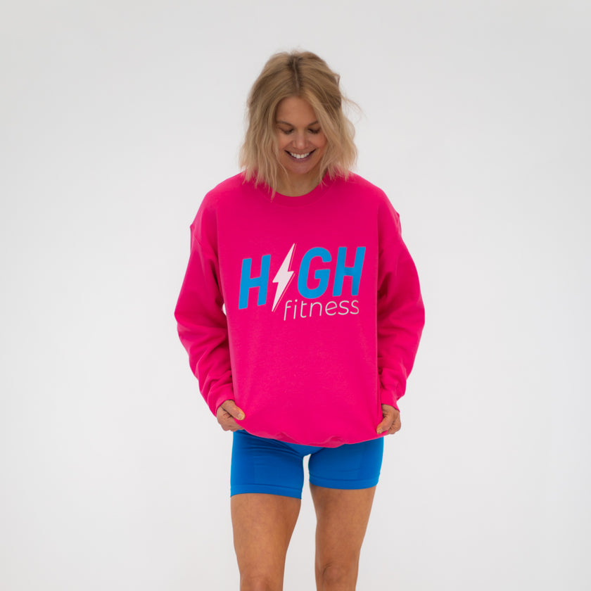 HIGH Crewneck Sweatshirt | Electric Pink with Blue Logo