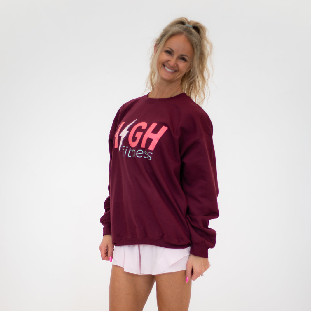 HIGH Oversized Crewneck Sweatshirt | Bolt Burgundy with Pink Logo