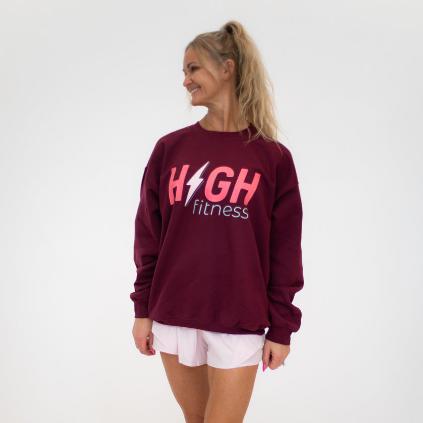 HIGH Oversized Crewneck Sweatshirt | Bolt Burgundy with Pink Logo