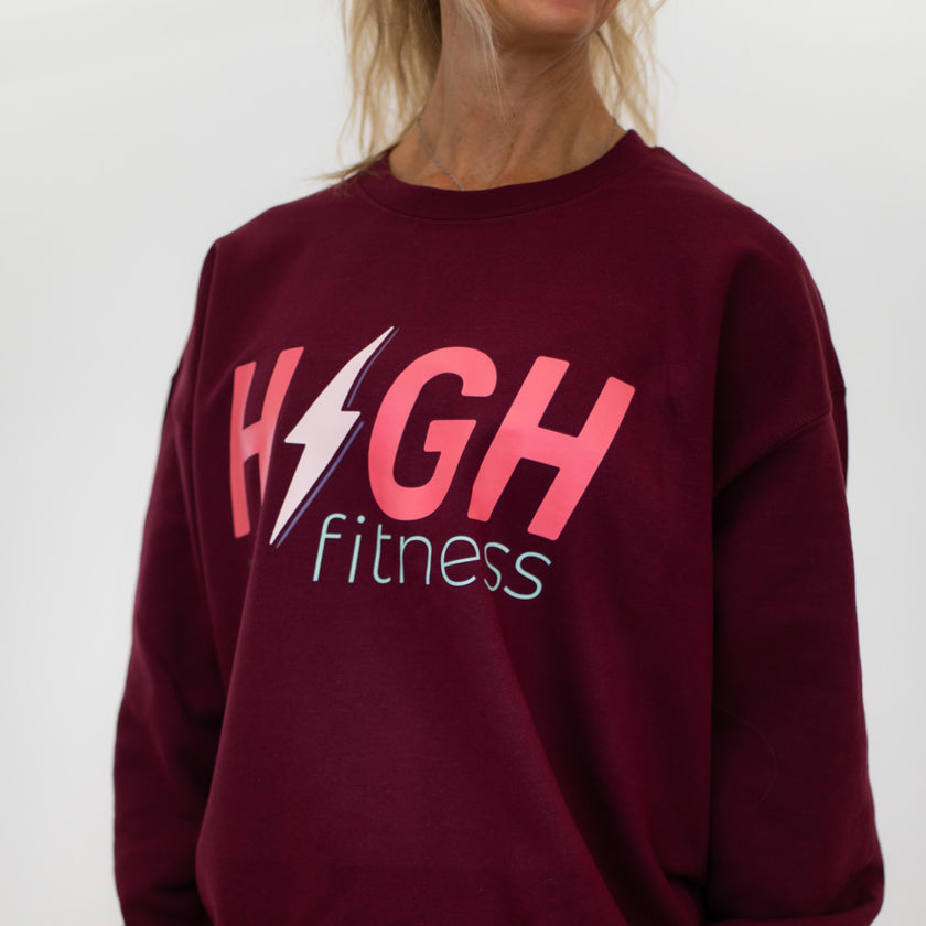 HIGH Oversized Crewneck Sweatshirt | Bolt Burgundy with Pink Logo
