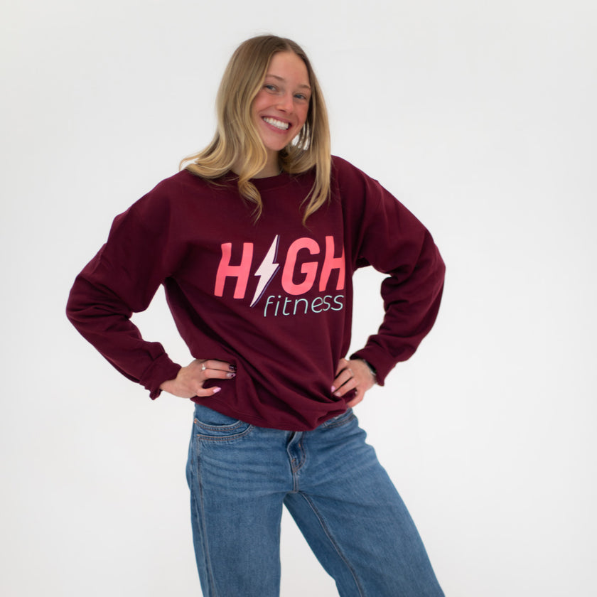 HIGH Oversized Crewneck Sweatshirt | Bolt Burgundy with Pink Logo