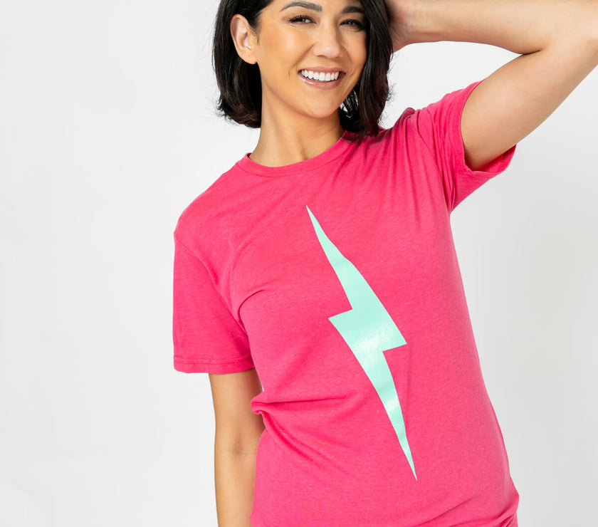 Bolt Tee | Light Teal on Raspberry *XS,S,M,2X*