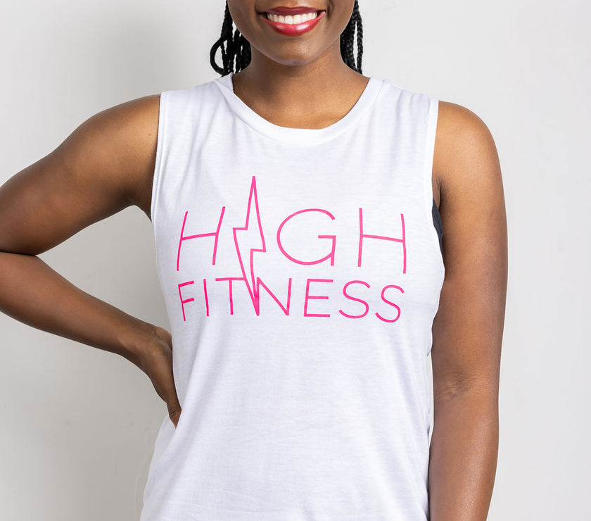 Pink Stencil Logo Muscle Tank | White