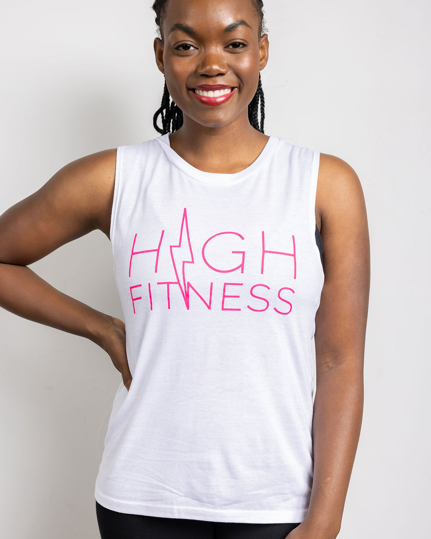 Pink Stencil Logo Muscle Tank | White