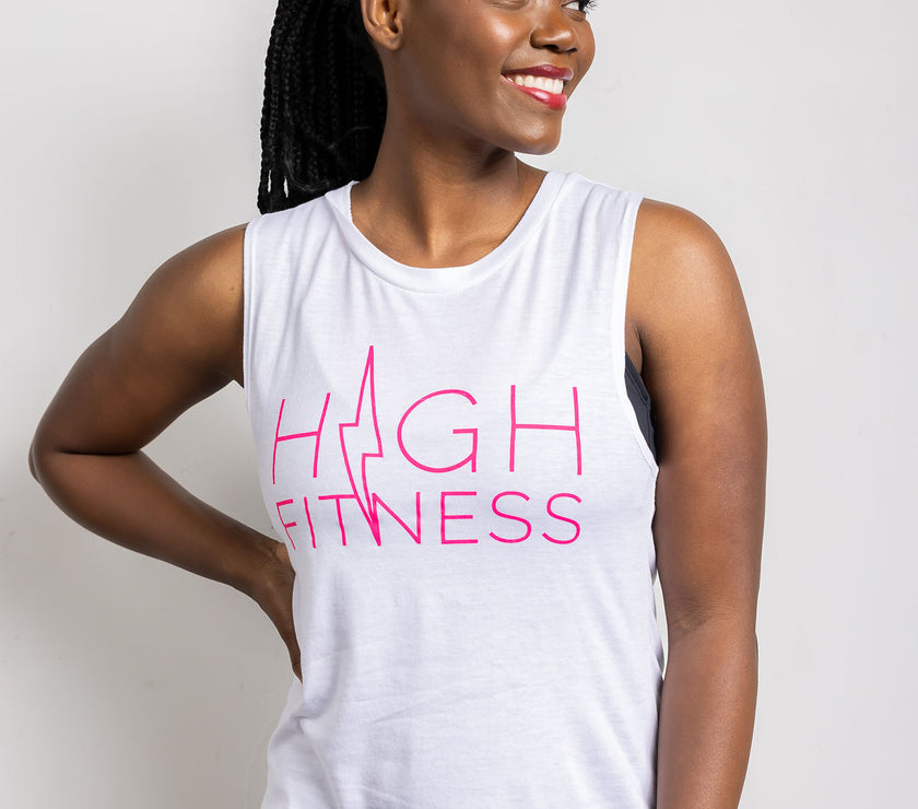 Pink Stencil Logo Muscle Tank | White