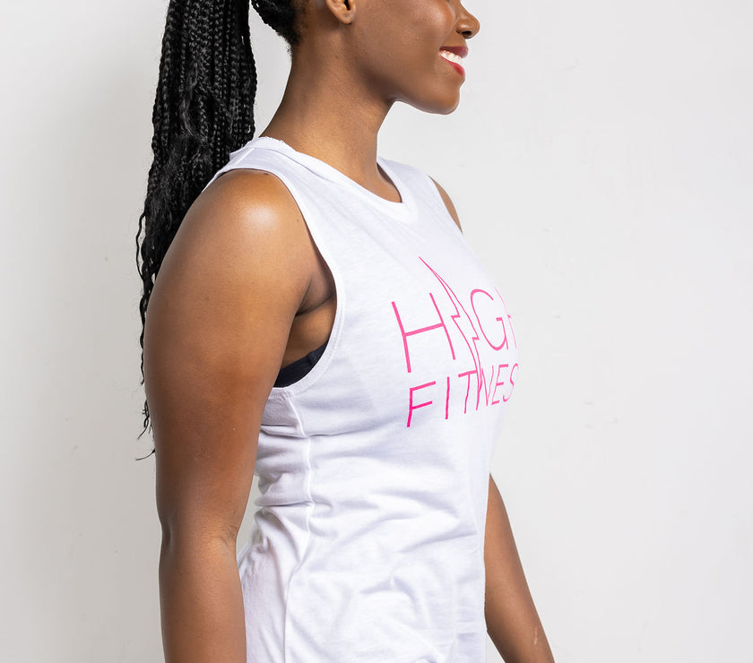 Pink Stencil Logo Muscle Tank | White