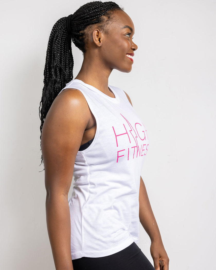 Pink Stencil Logo Muscle Tank | White