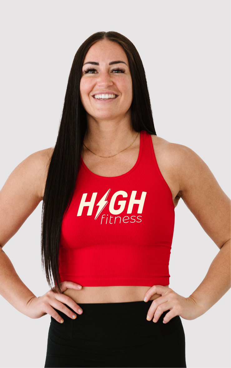 HIGH Logo Comfort Cove Cropped Ribbed Racerback | Red/Cream