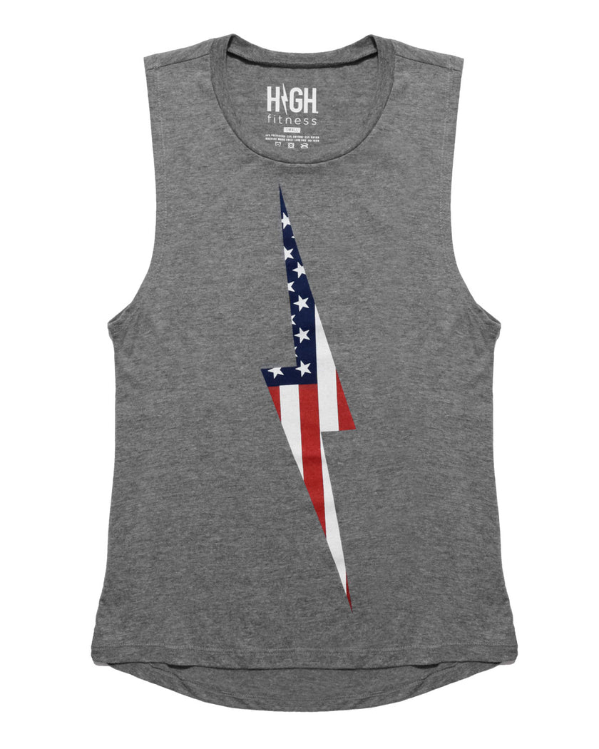 American Flag Vintage Bolt Muscle Tank | Athletic Gray