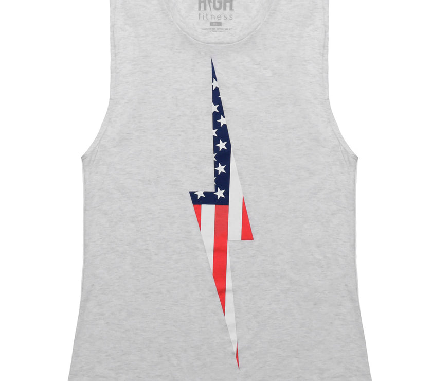 American Flag Vintage Bolt Muscle Tank | Heather White