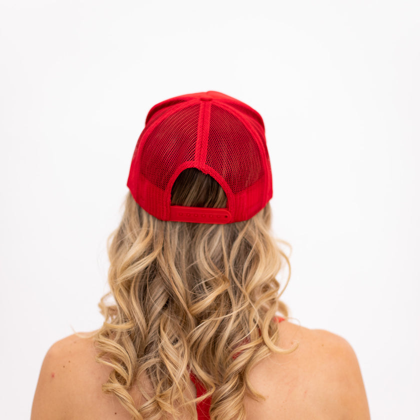 Red HIGH Trucker Hat (Pink Logo)