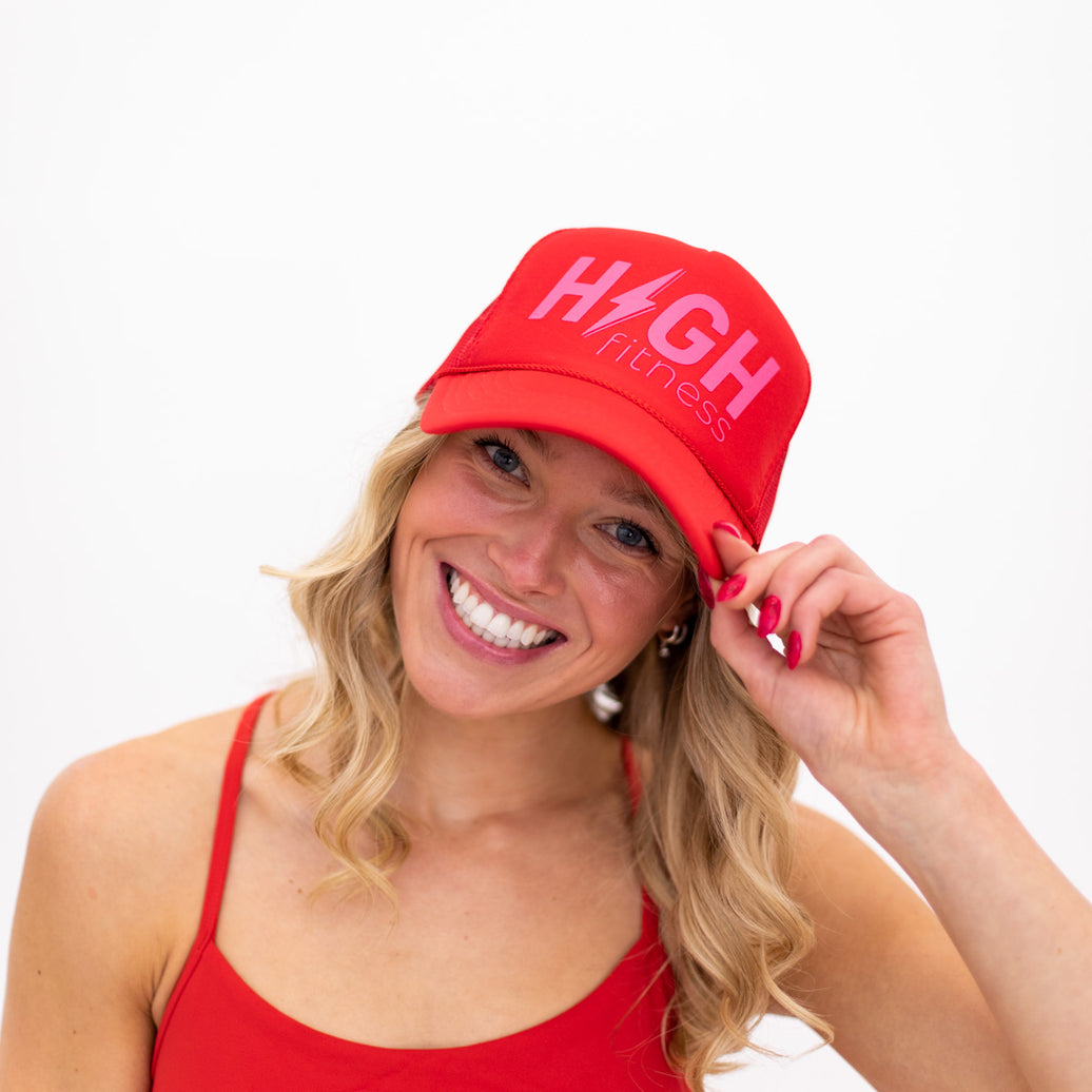 Red HIGH Trucker Hat (Pink Logo)