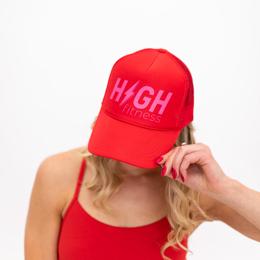 Red HIGH Trucker Hat (Pink Logo)