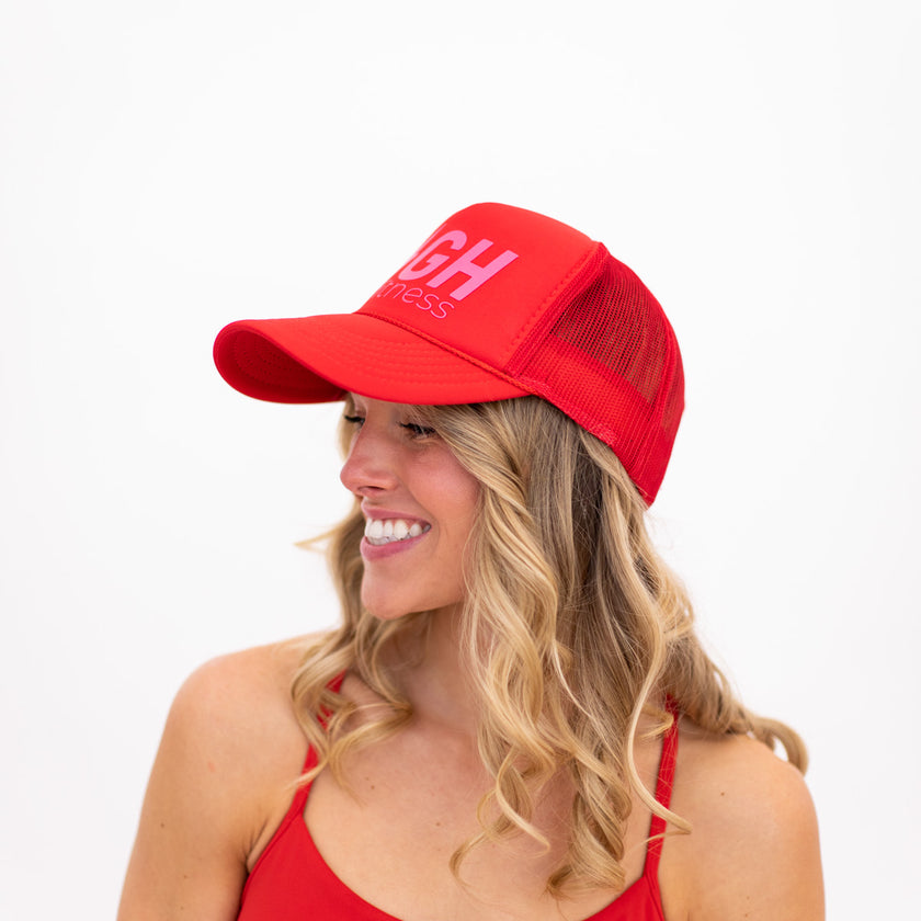 Red HIGH Trucker Hat (Pink Logo)
