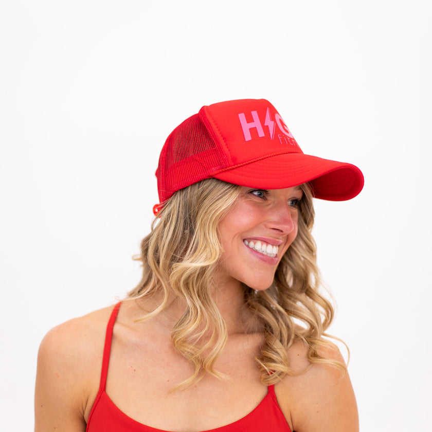 Red HIGH Trucker Hat (Pink Logo)