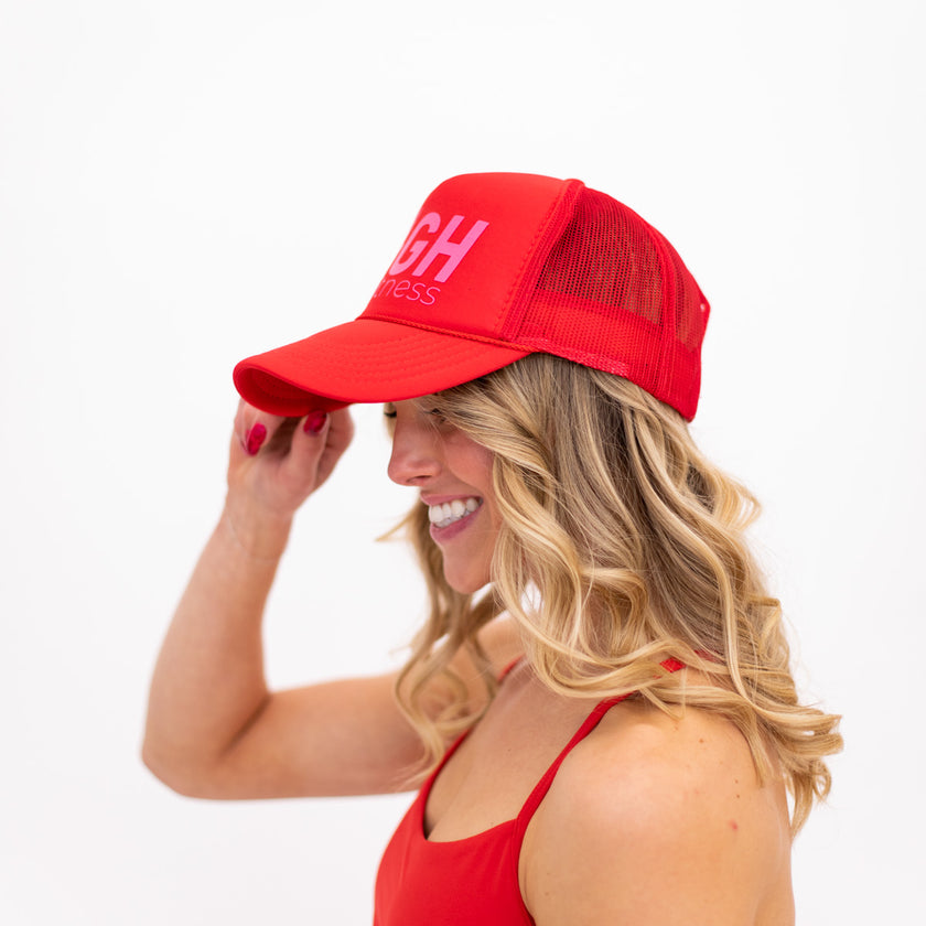 Red HIGH Trucker Hat (Pink Logo)