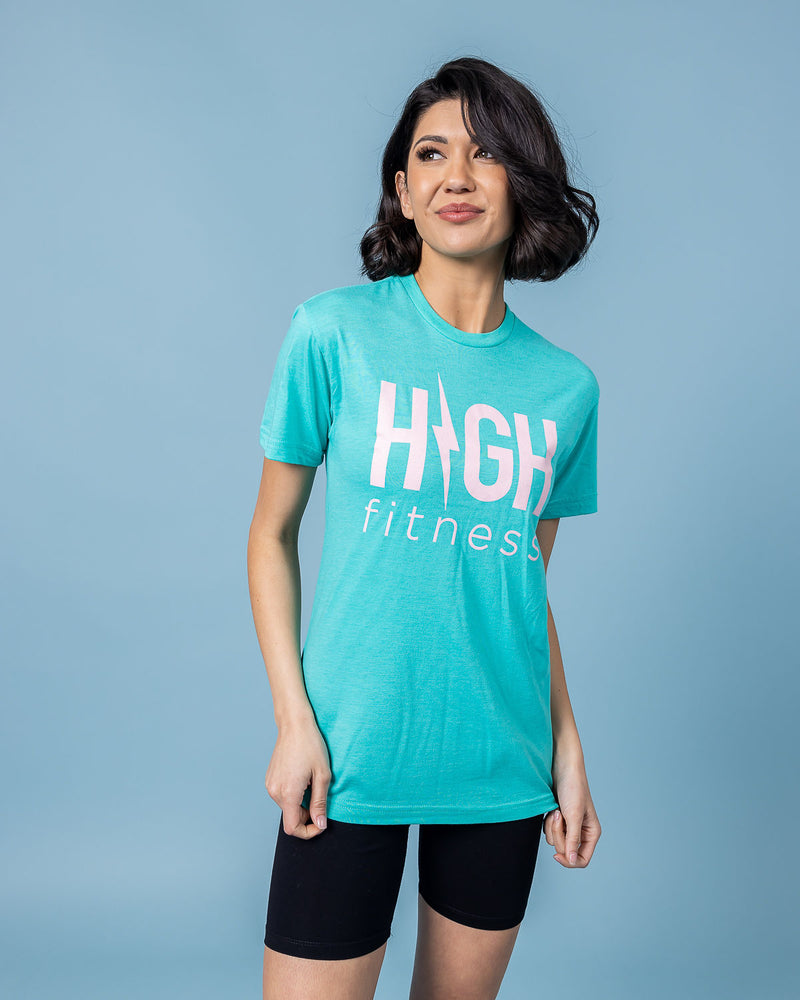 HIGH Fitness Tee-Teal with Light Pink